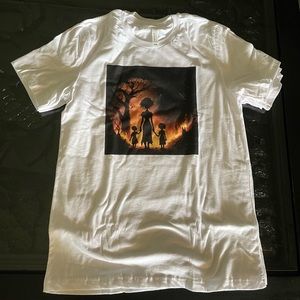 Woman with children descending into fiery sky